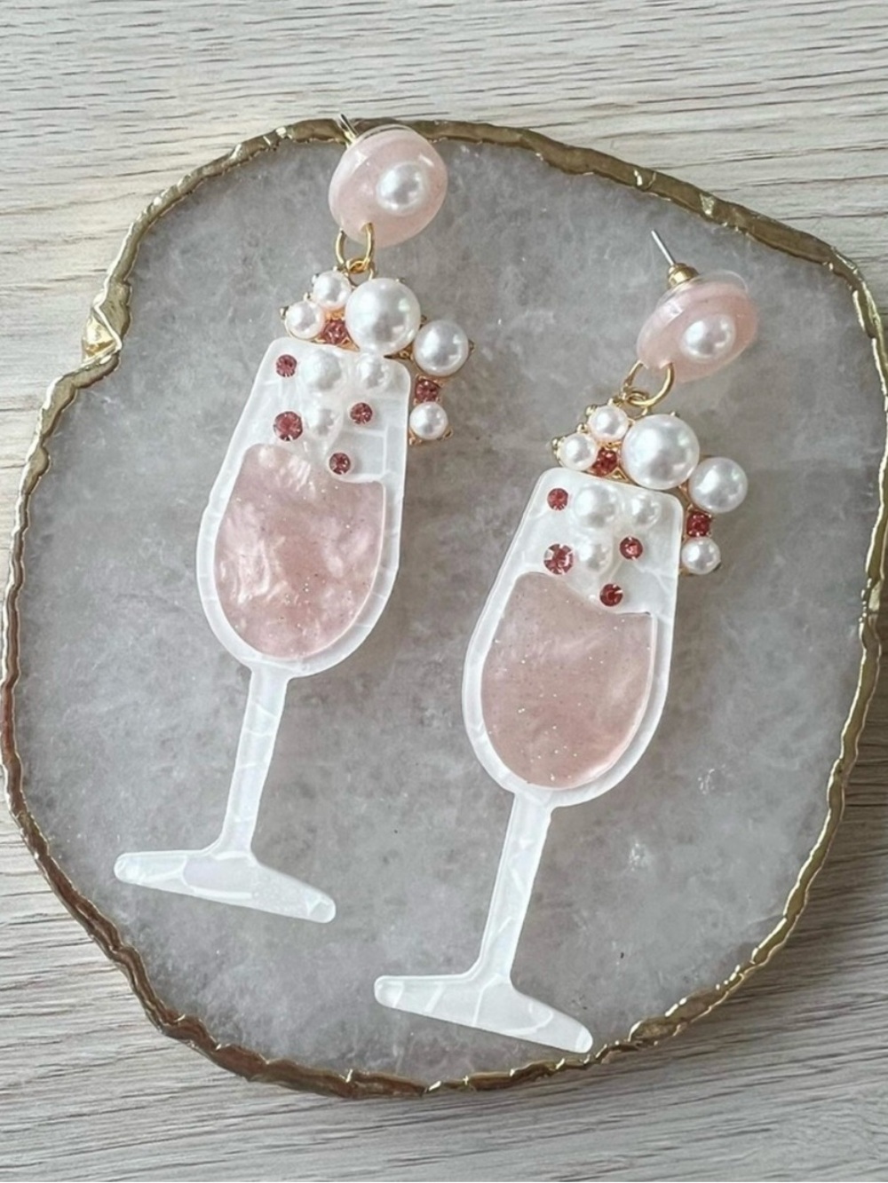 NWT Champagne Glass Drop Earrings in Pearlescent Pink